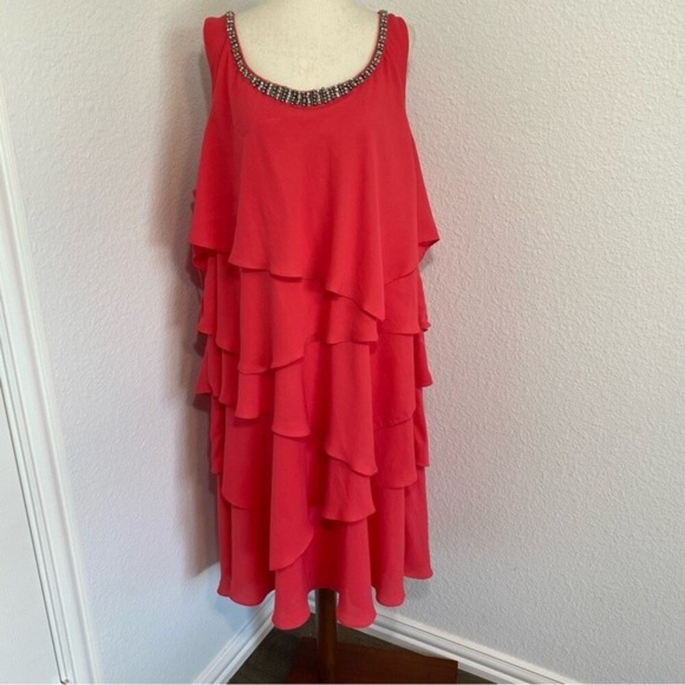 RN Studio Coral Peach Dress Rhinestone Studs Beaded Bling LBD Tiered SZ 24W